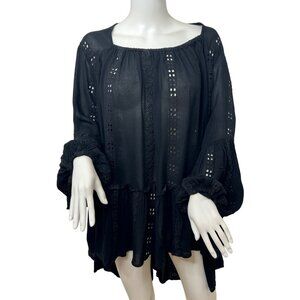 Free People Kiss Kiss Tunic Top Black M India Long Sleeve Floral Geometric Lace